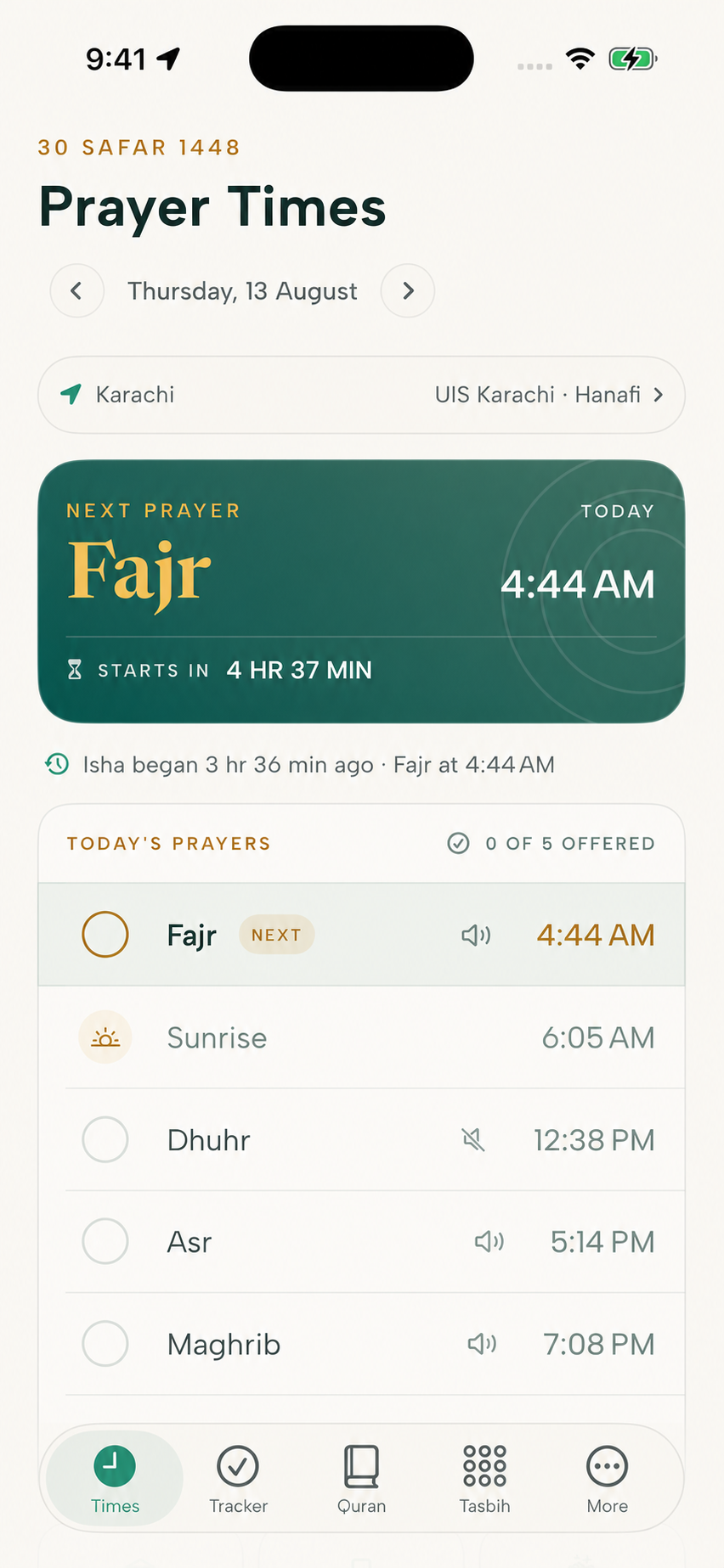 Arafah on iPhone showing prayer times for Karachi