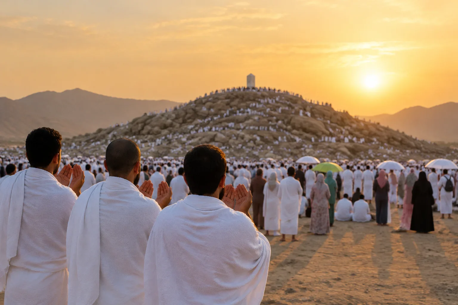 Pilgrims in white ihram raising their hands in dua on the plain of Arafat at sunset, Jabal al-Rahmah behind them