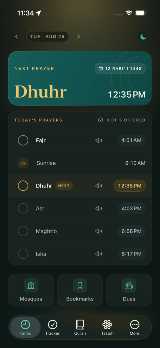 Arafah's prayer times screen, with Dhuhr next and today's five prayers listed
